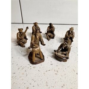 Vintage Asian Oriental Musician Figurines Set of 6 Miniature Statues Chinese Mud